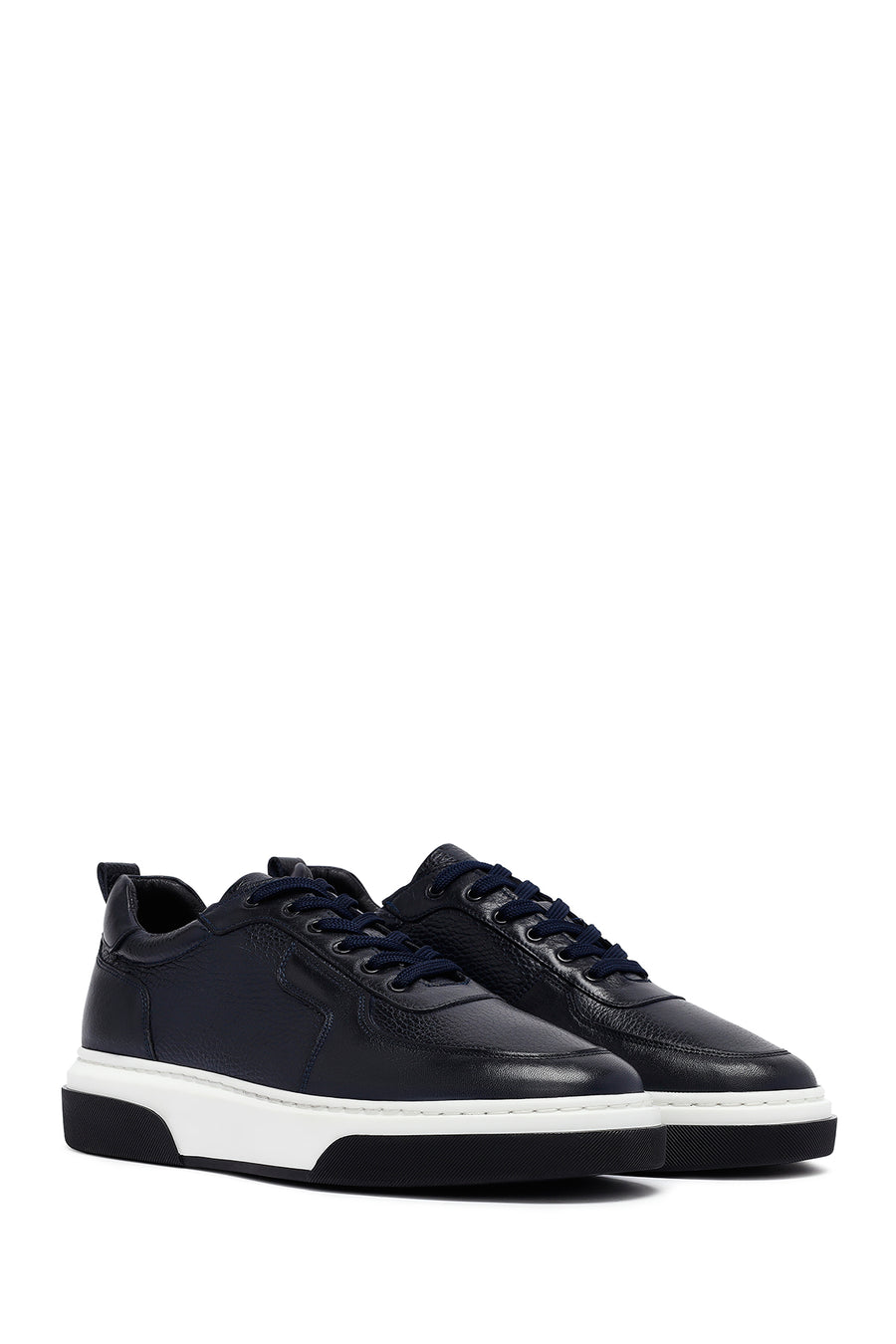 Men's Navy Blue Lace-Up Thick-Soled Leather Sneakers
