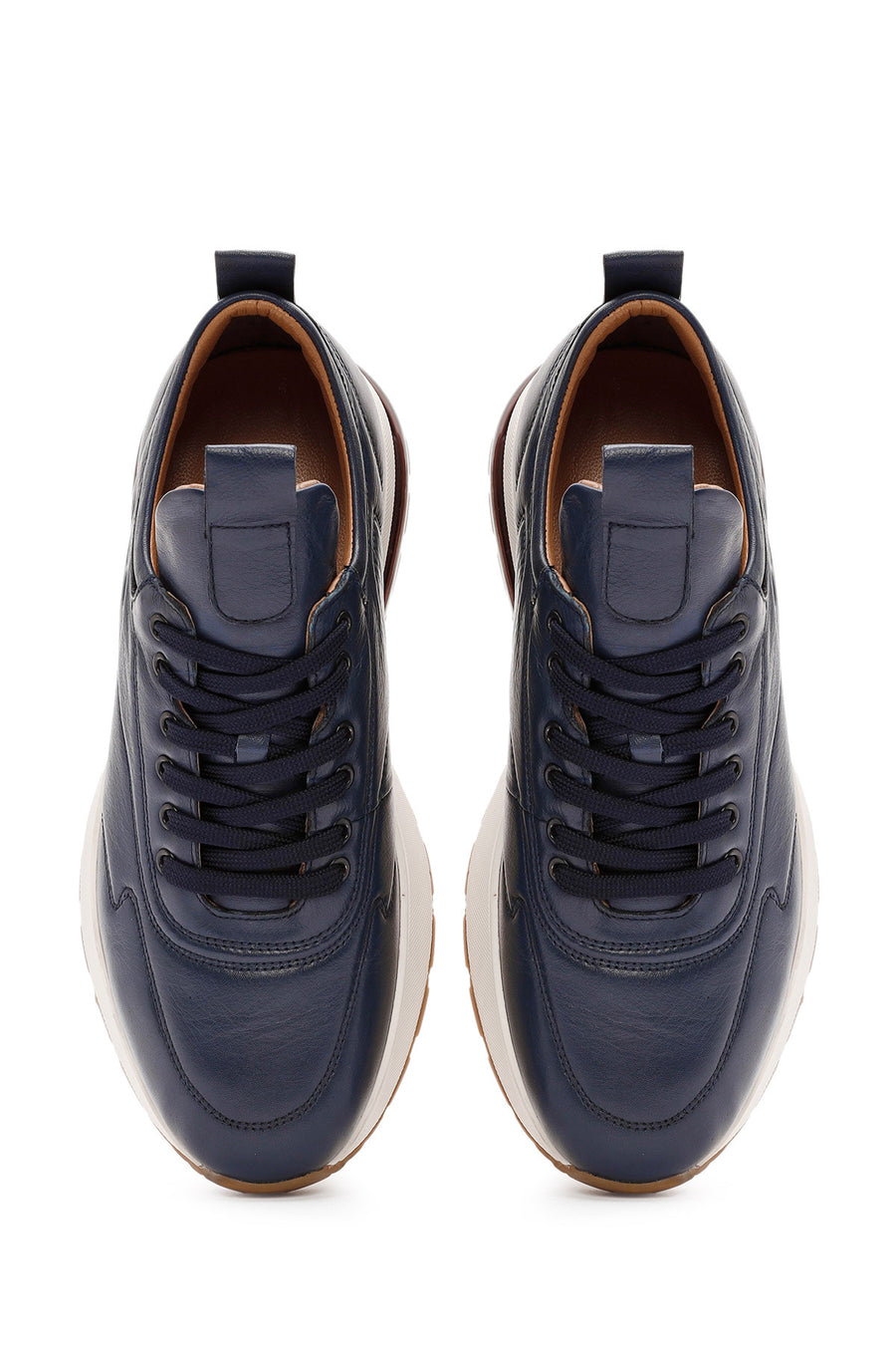 Men's Navy Blue Lace-Up Thick-Soled Leather Sneakers