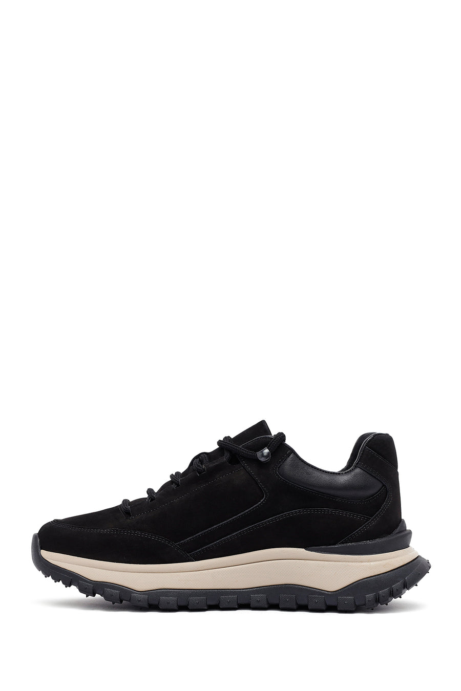 Erkek Siyah Bağcıklı Kalın Tabanlı Nubuk Deri Casual Sneaker