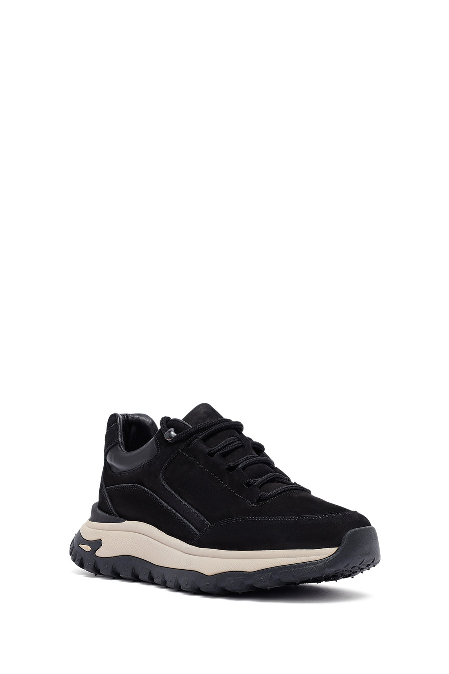 Erkek Siyah Bağcıklı Kalın Tabanlı Nubuk Deri Casual Sneaker