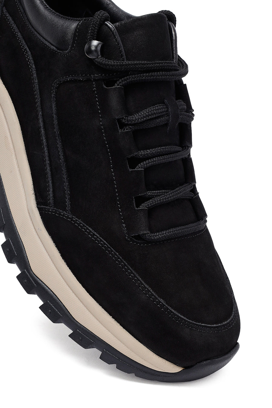 Erkek Siyah Bağcıklı Kalın Tabanlı Nubuk Deri Casual Sneaker