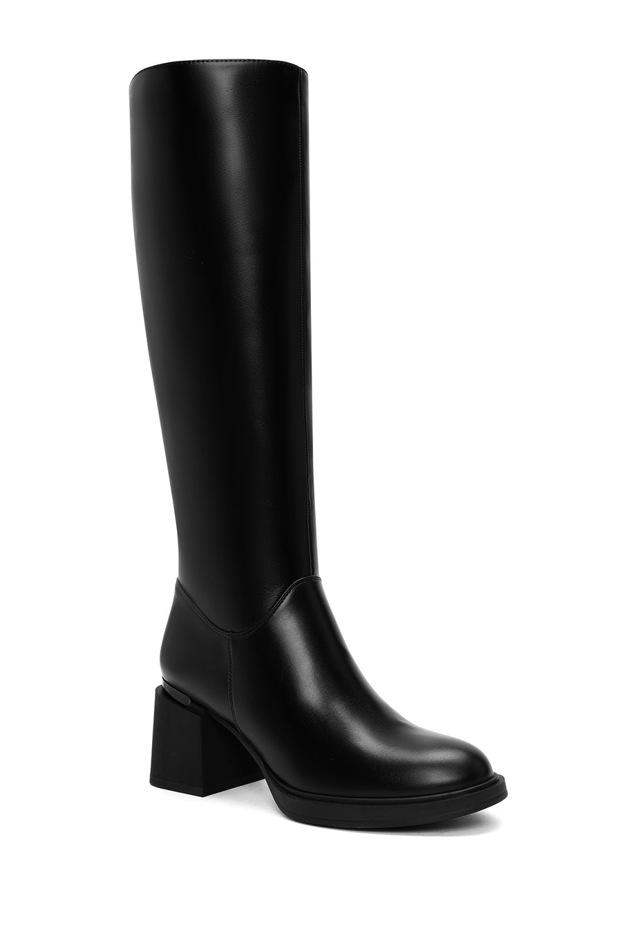Woman Black Zippered Thick Heeled Boots