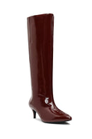 Women's Burgundy Short Thin Heeled Patent Leather Boot | Derimod