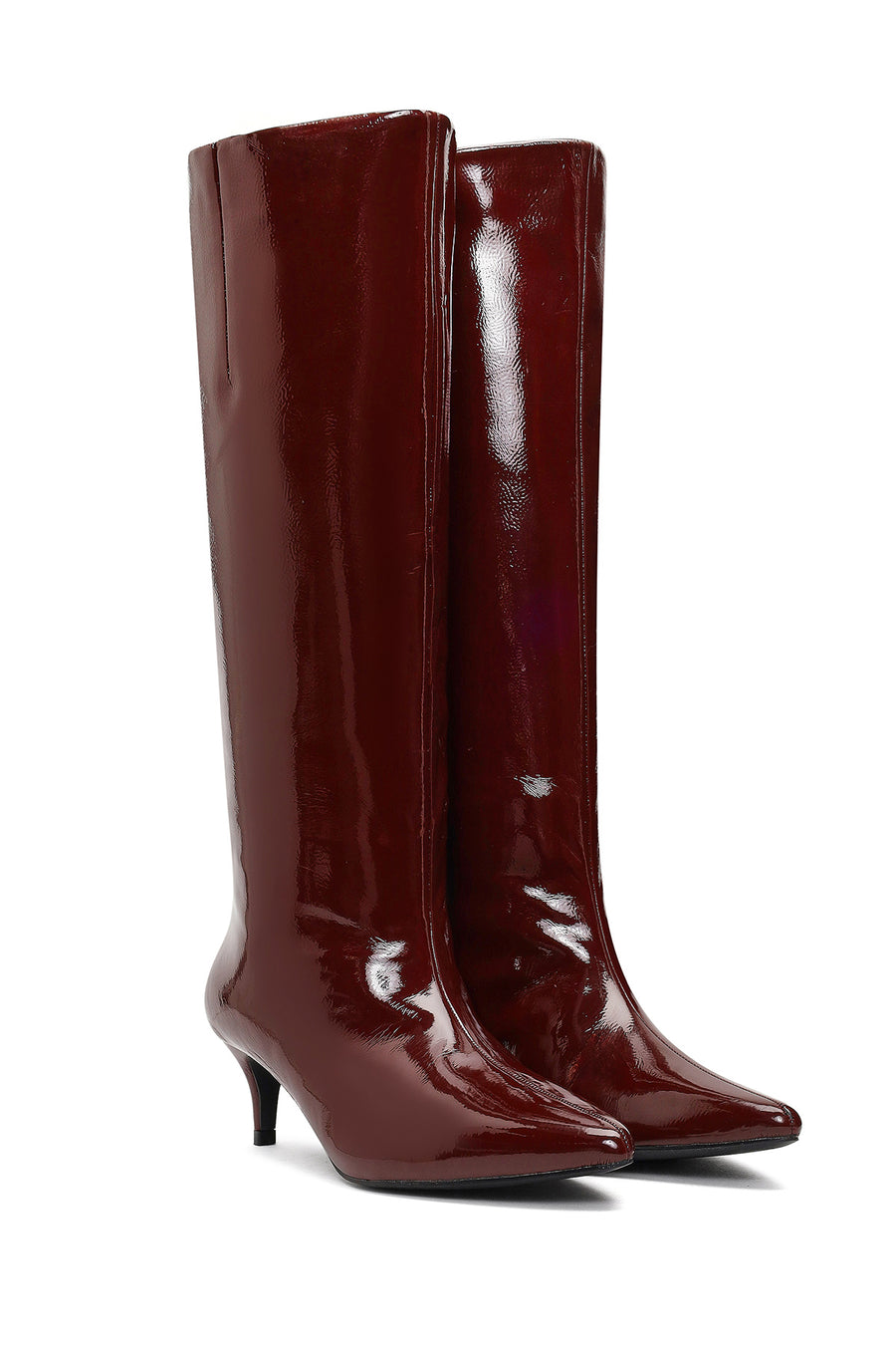 Women's Burgundy Short Thin Heeled Patent Leather Boot