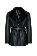 Scarlet Woman Black Fur Collar Leather Coat | Derimod