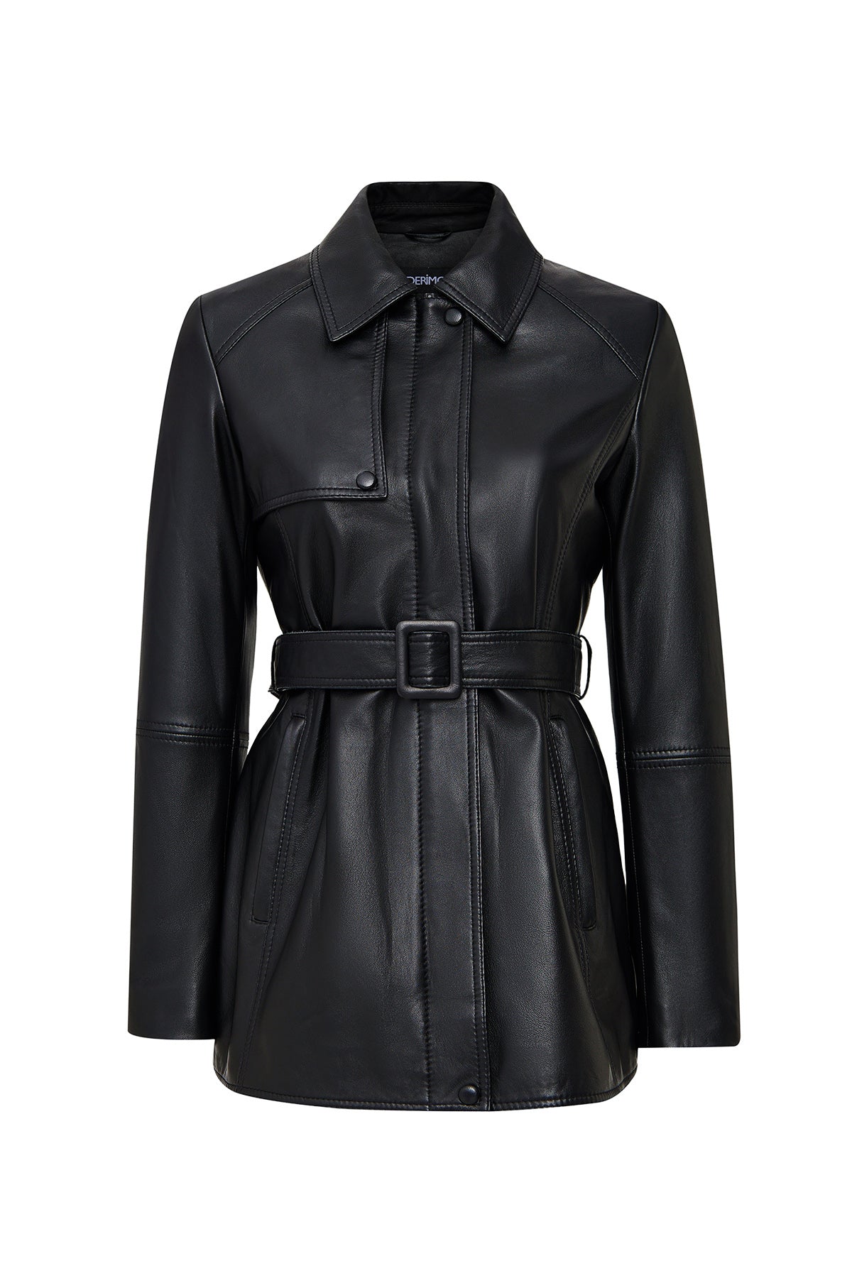 Cordelia Woman Black Belt Detailed Shirt Collar Leather Coat 25WGD5623U6 | Derimod