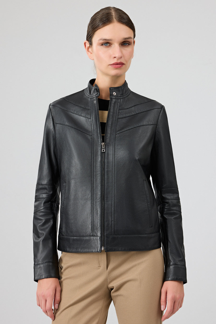 Tina Women's Black Stand Collar Leather Jacket 25WGE53241M | Derimod