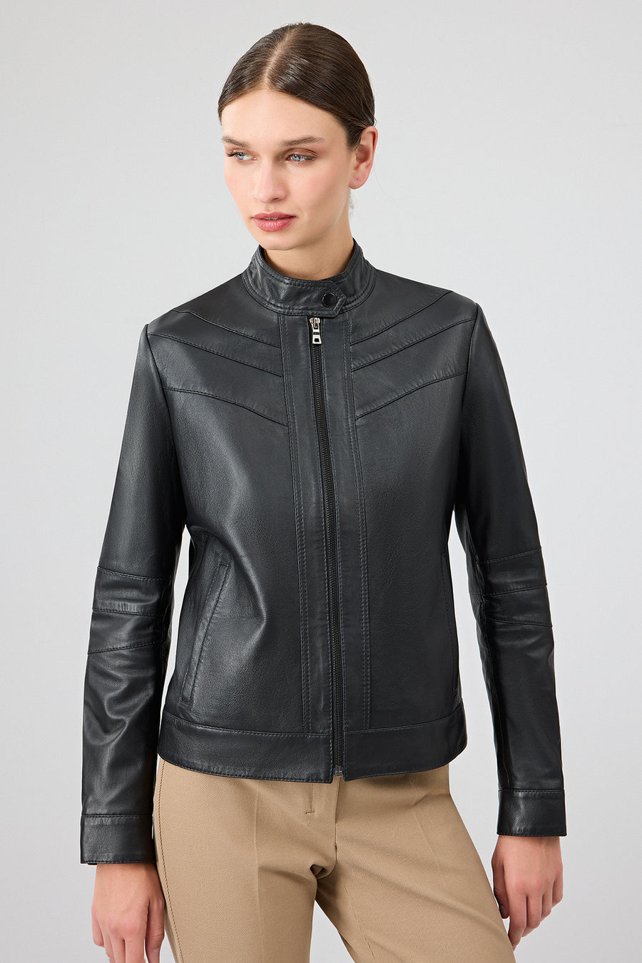 Tina Women's Black Stand Collar Leather Jacket