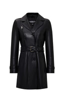 Valeria Women's Black Collar Fur Belt Detailed Leather Coat | Derimod