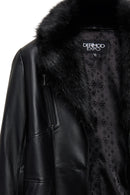 Valeria Women's Black Collar Fur Belt Detailed Leather Coat | Derimod