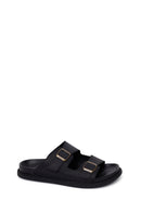 Male Black Double-Buckle Nubuck Leather Slipper | Derimod