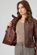 Kylie Women's Brown Mandarin Collar Leather Jacket | Derimod