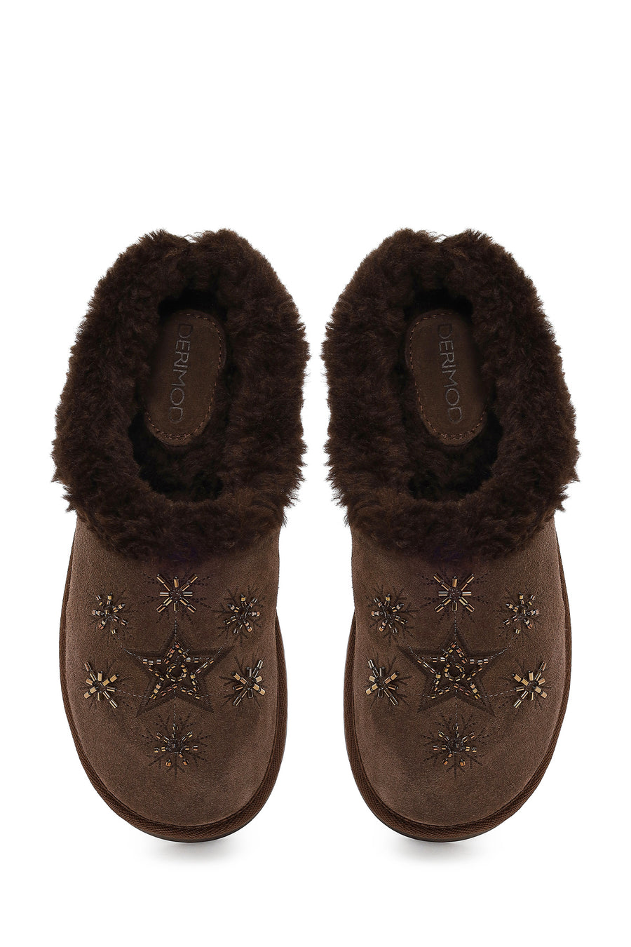 Woman Camel Thick-Soled Stone-Embellished Suede Teddy Slipper