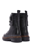 Women's Black Zippered Lace-Up Leather Combat Boots | Derimod