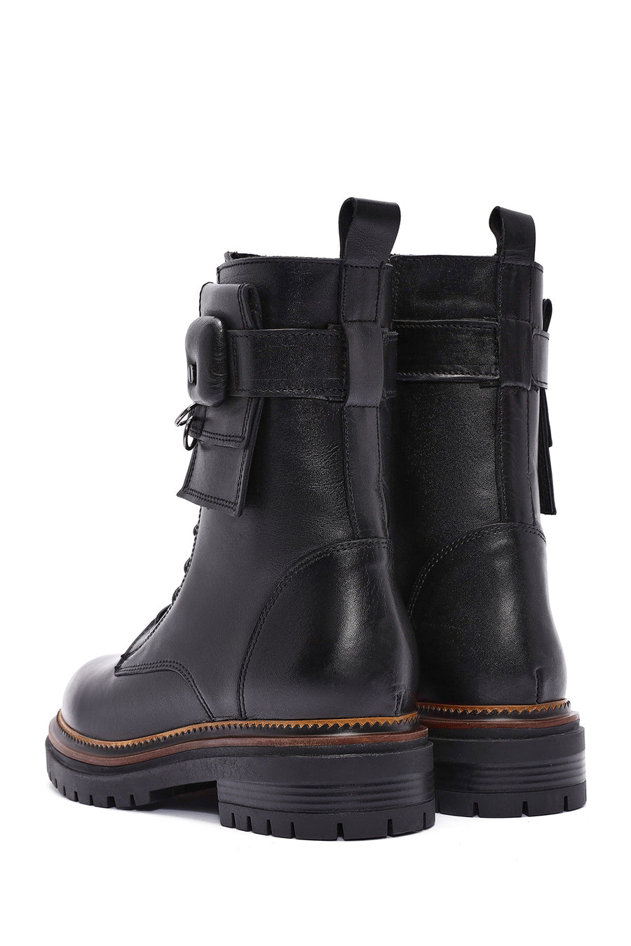 Women's Black Zippered Lace-Up Leather Combat Boots