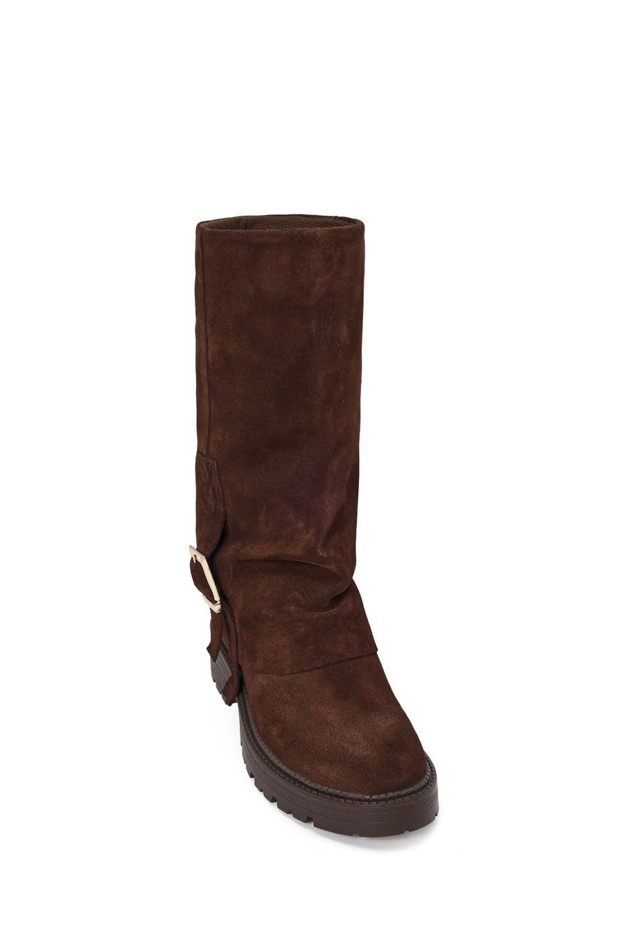 Woman Brown Buckled Suede Boots