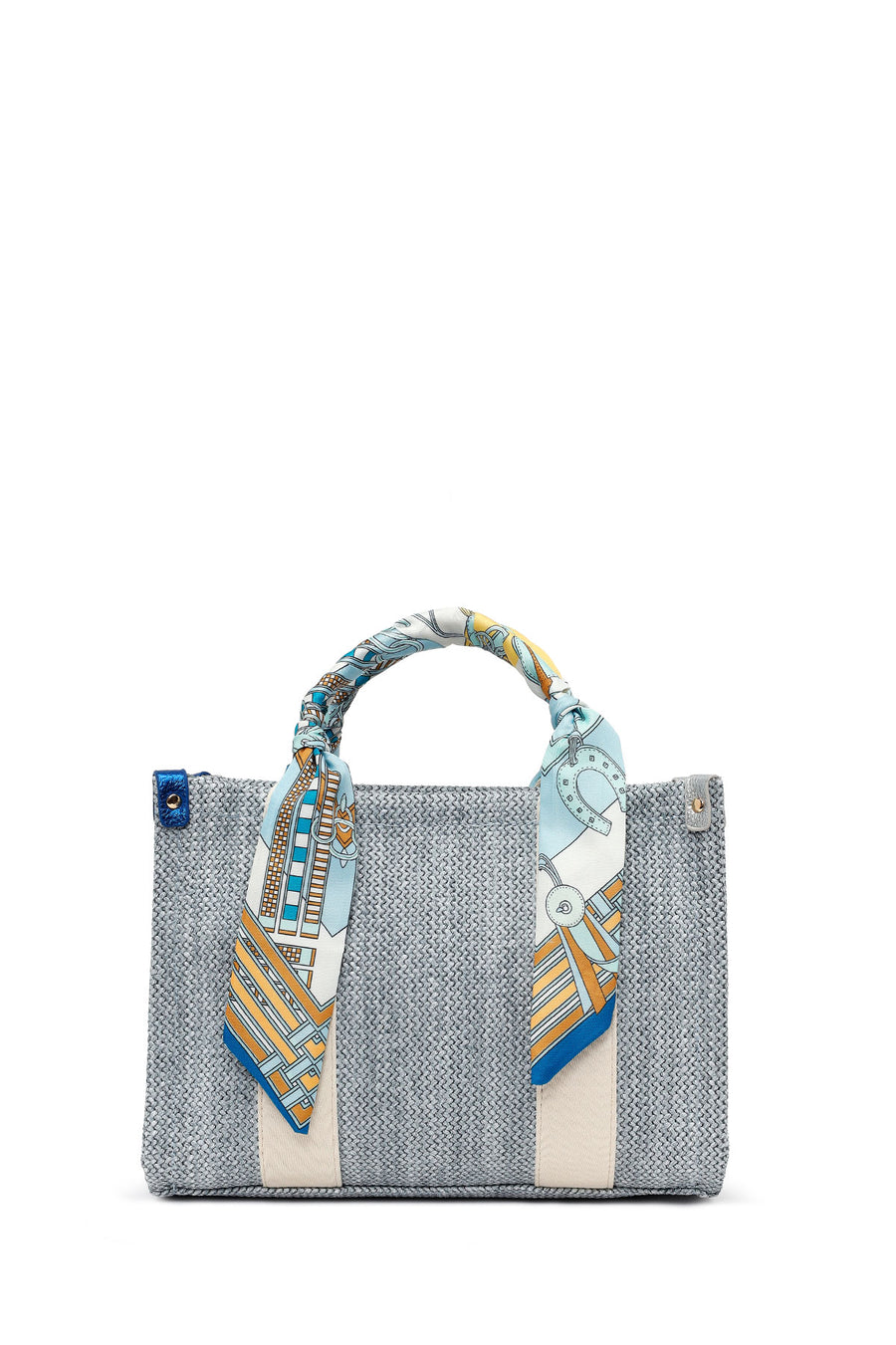 Woman Blue Long-Strap Wicker Shoulder Bag