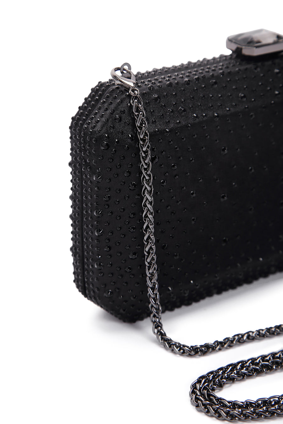 Woman Black Long Chain-Strap Rhinestone Evening Mini Clutch Bag