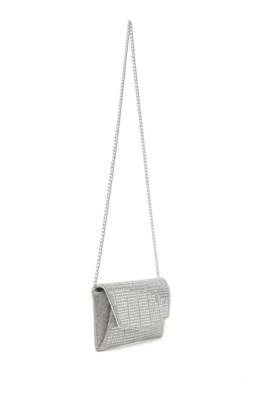 Women's Silver Long Chain Strap Embellished Mini Evening Clutch Bag
