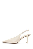 Women's Cream High-Heeled Open-Back Leather Shoes | Derimod