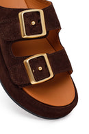 Woman Brown Double-Buckle Thick-Soled Suede Slipper | Derimod