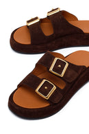 Woman Brown Double-Buckle Thick-Soled Suede Slipper | Derimod