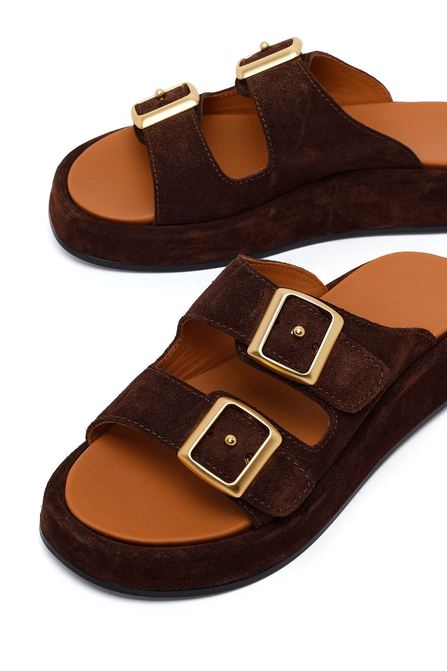 Woman Brown Double-Buckle Thick-Soled Suede Slipper