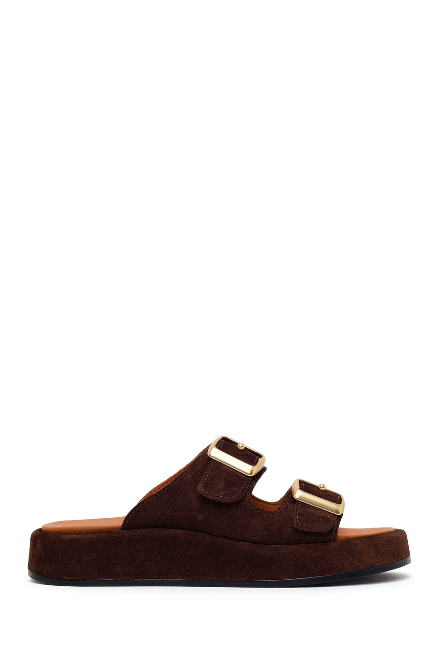 Woman Brown Double-Buckle Thick-Soled Suede Slipper 26PFD230210 | Derimod