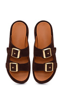 Woman Brown Double-Buckle Thick-Soled Suede Slipper | Derimod