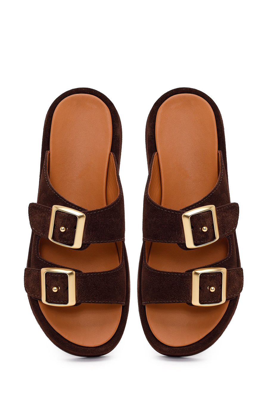 Woman Brown Double-Buckle Thick-Soled Suede Slipper