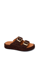 Woman Brown Double-Buckle Thick-Soled Suede Slipper | Derimod