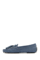 Women's Blue Tassel Suede Leather Loafer | Derimod