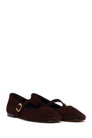 Woman Brown Strappy Suede Leather Ballet Flat | Derimod