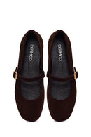 Woman Brown Strappy Suede Leather Ballet Flat | Derimod