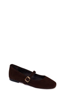 Woman Brown Strappy Suede Leather Ballet Flat | Derimod