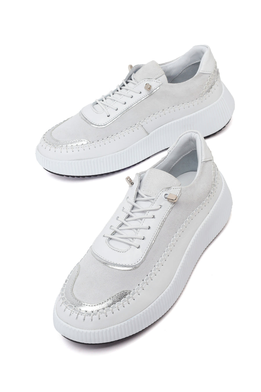 Woman White Lace-Up Thick-Soled Leather Sneaker