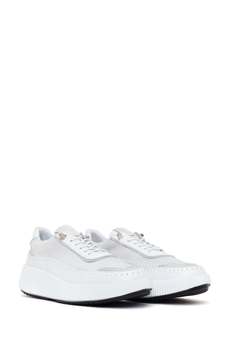 Woman White Lace-Up Thick-Soled Leather Sneaker