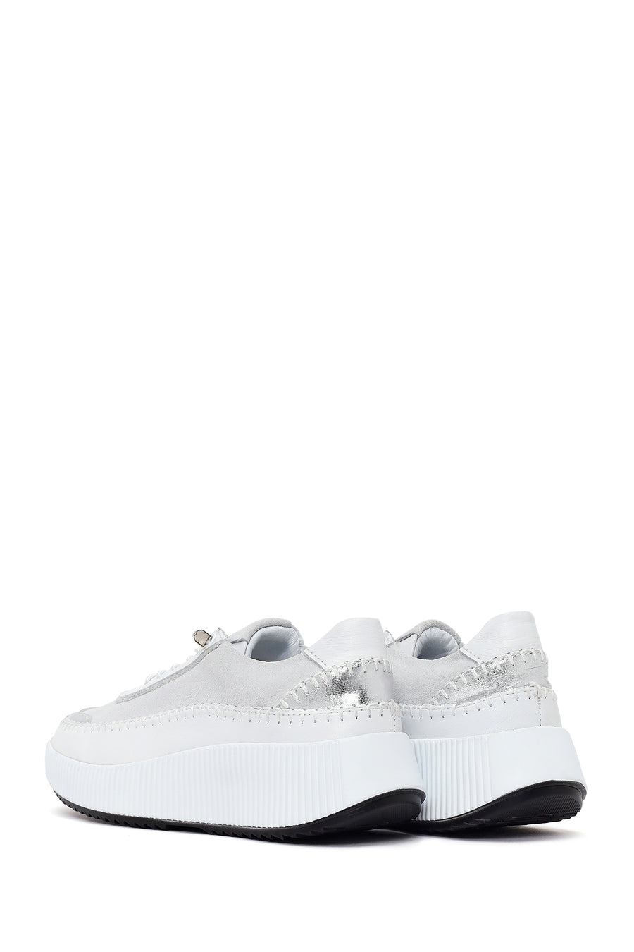 Woman White Lace-Up Thick-Soled Leather Sneaker