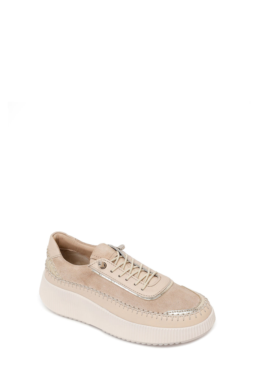 Woman Beige Lace-Up Thick-Soled Leather Sneaker
