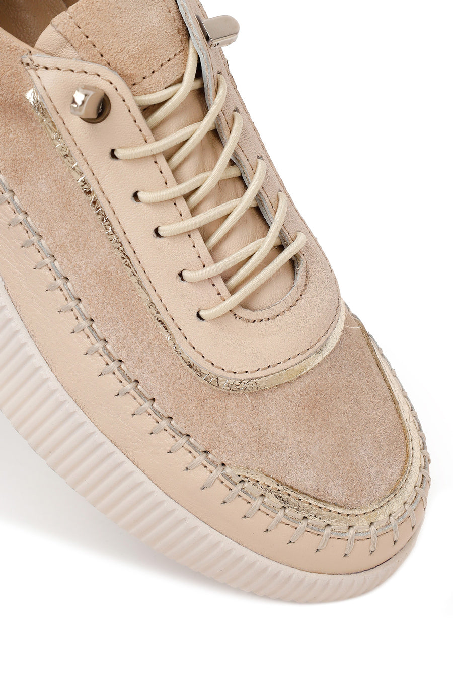 Woman Beige Lace-Up Thick-Soled Leather Sneaker