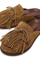 Women's Tan Tassel Suede Leather Slippers | Derimod