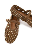 Women's Brown Studded Suede Leather Ballet Flats | Derimod