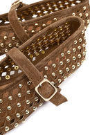 Women's Brown Studded Suede Leather Ballet Flats | Derimod