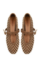 Women's Brown Studded Suede Leather Ballet Flats | Derimod