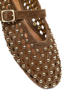 Women's Brown Studded Suede Leather Ballet Flats | Derimod
