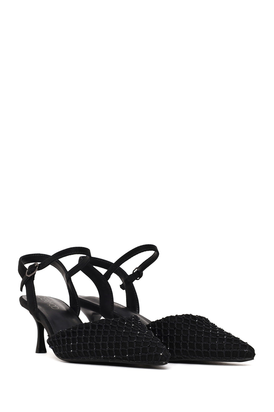 Woman Black Ankle-Buckle Backless Rhinestone Stiletto High Heel