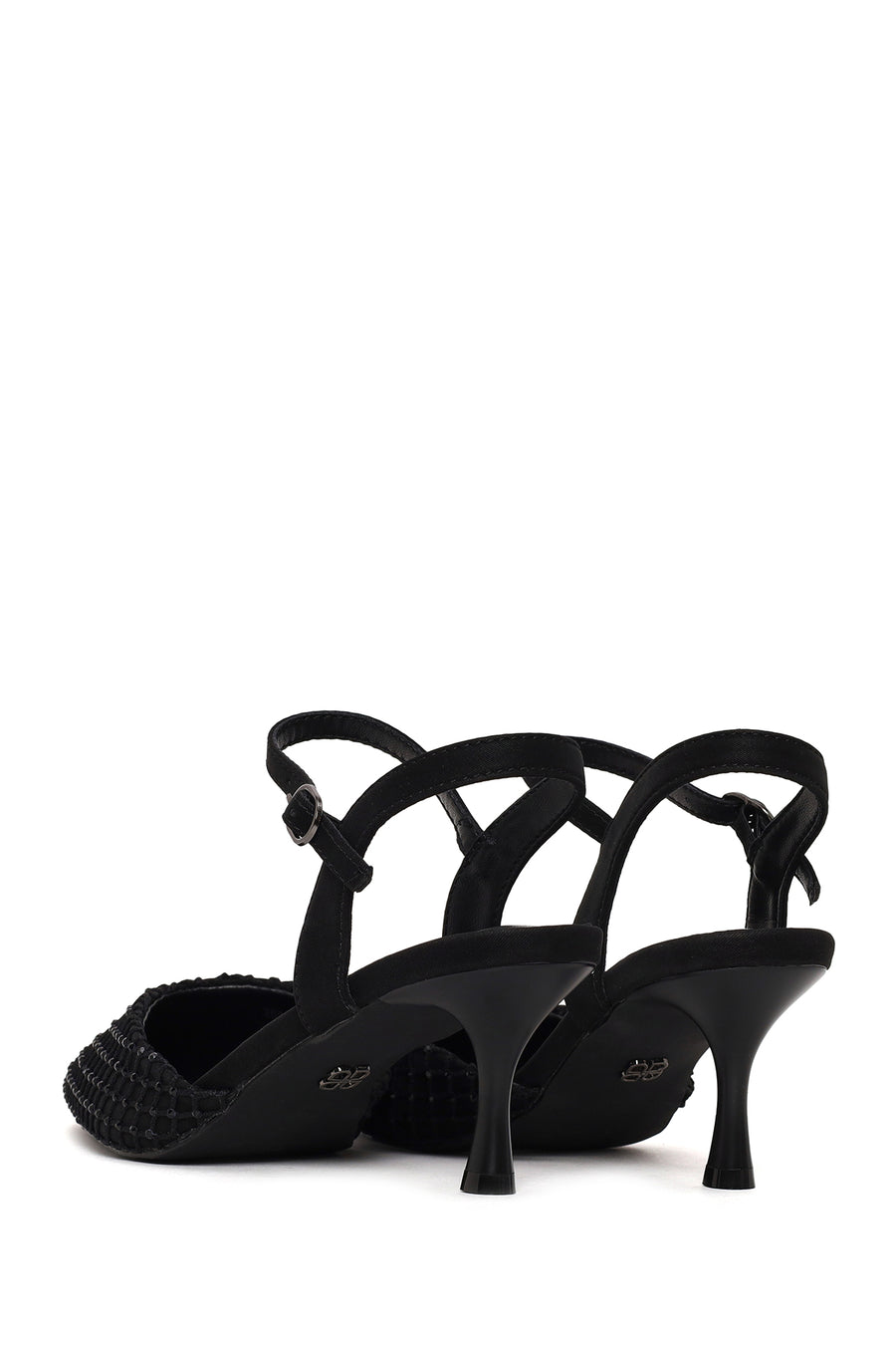 Woman Black Ankle-Buckle Backless Rhinestone Stiletto High Heel