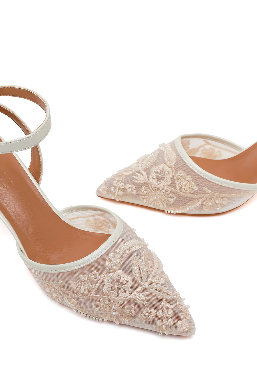 Woman White Ankle-Buckle Floral Embroidered Open-Back Stiletto High Heel