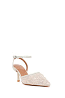 Woman White Ankle-Buckle Floral Embroidered Open-Back Stiletto High Heel | Derimod