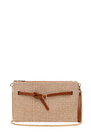 Woman Beige Wicker Clutch Bag with Long Chain Strap | Derimod